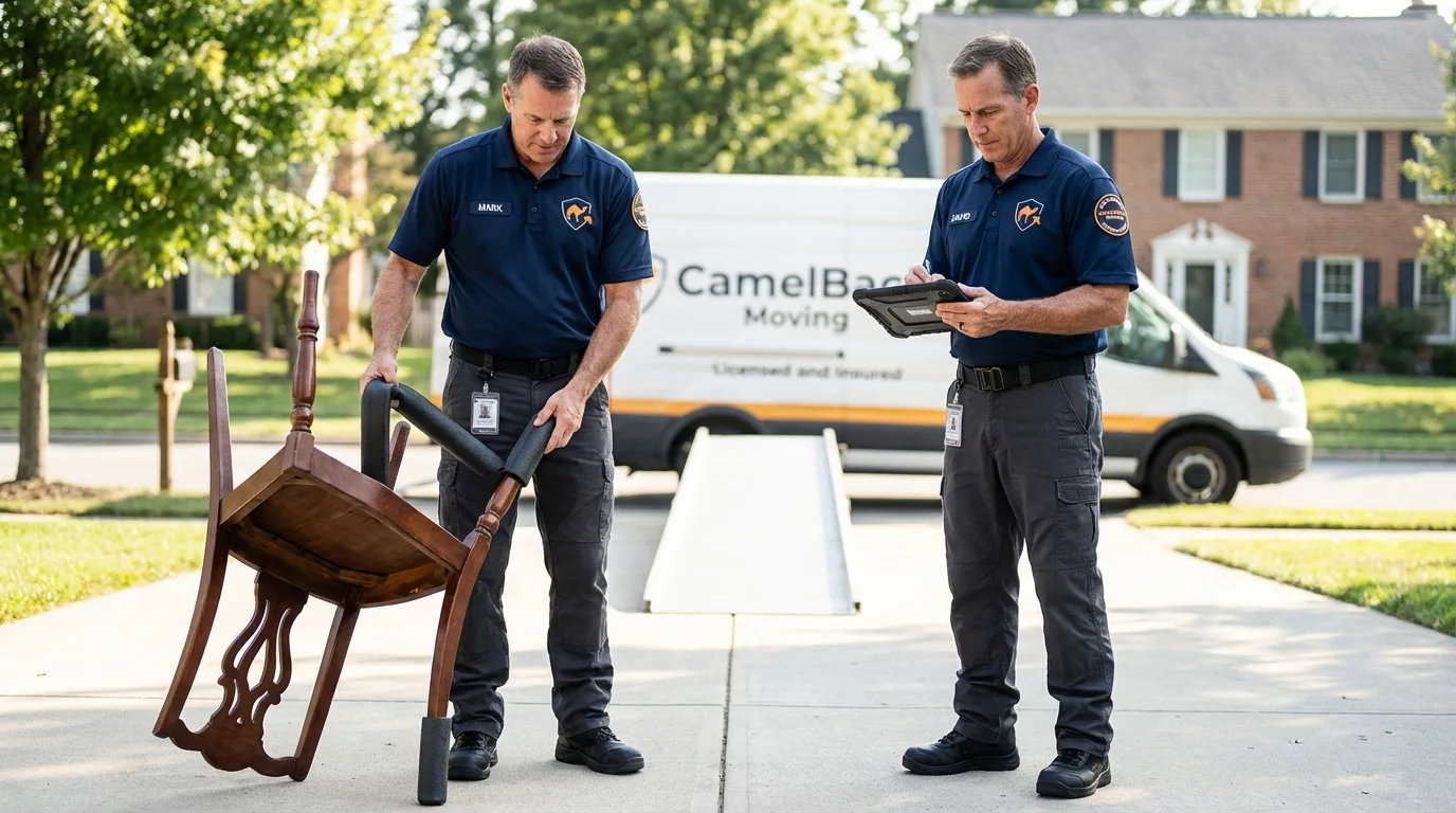 Movers inspecting furniture for damage prevention before loading in Hacienda Heights, CA