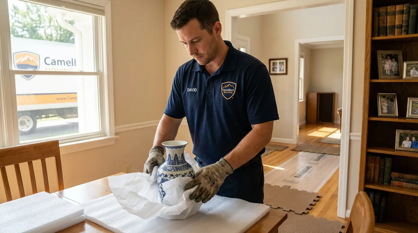 Professional crew carefully wrapping antique vase for senior downsizing move in Hacienda Heights, CA